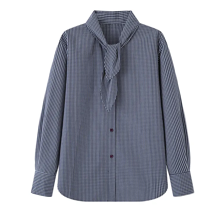 艾家同款季新款时尚百搭休闲格子系带长袖衬衫上衣女AR504113