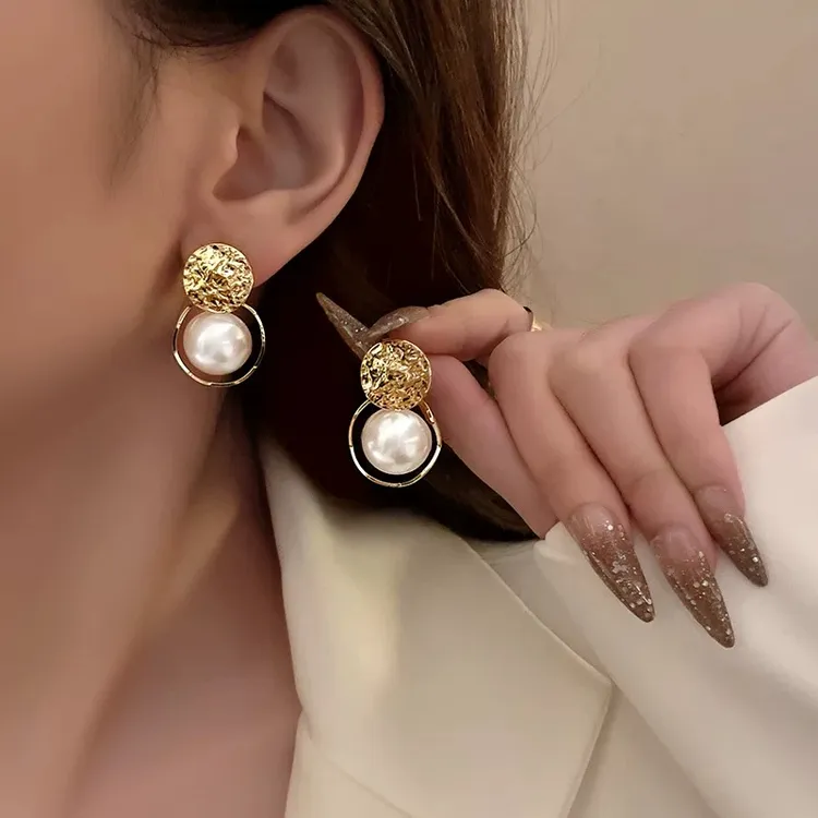 合金亚克力耳饰 不规则金属圈圈耳饰复古小众设计感珍珠圆片耳环