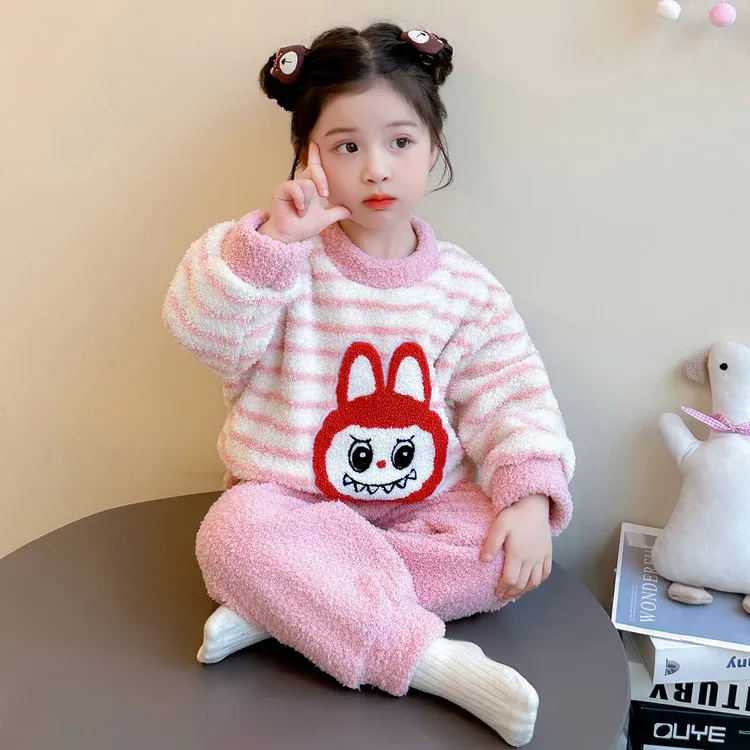拉布布女童睡衣秋冬珊瑚绒加厚儿童女孩宝宝法兰绒新款保暖家居服