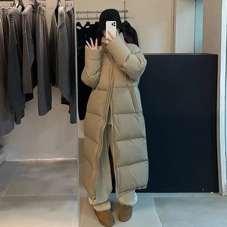 长款卡其色小个子羽绒服女2025年冬季新款加厚过膝白鸭绒保暖外套
