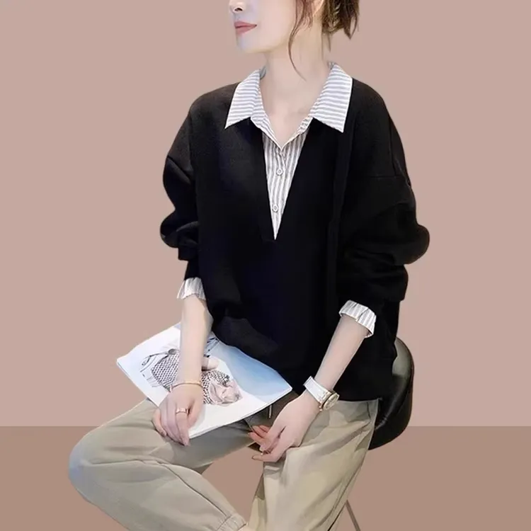 欧洲站2025春秋新款小衫设计感小众宽松显瘦假两件条纹拼接衬衫女