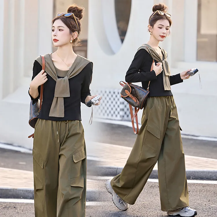 休闲工装套装女2025年秋季新款高级感撞色披肩时尚减龄洋气三件套