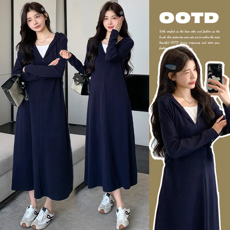孕妇2025秋冬新款韩版时尚慵懒风气质长款针织连帽减龄大码连衣裙
