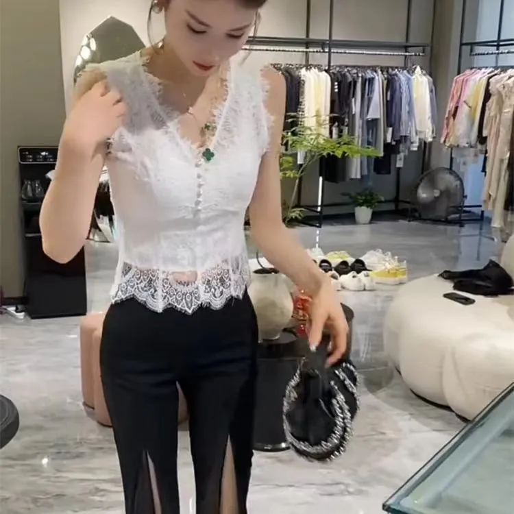 千金名媛风高级感性感蕾丝拼色微透显瘦网纱上衣性感长裤潮流套装
