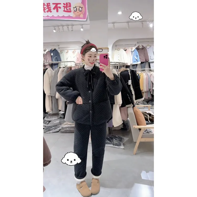 黑色波点棉衣三层夹棉睡衣女冬季新款加厚开衫棉服保暖家居服套装