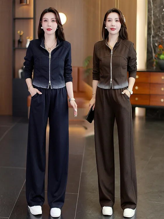 时尚休闲套装女春秋新款洋气质渐变色设计感立领开衫直筒裤两件套