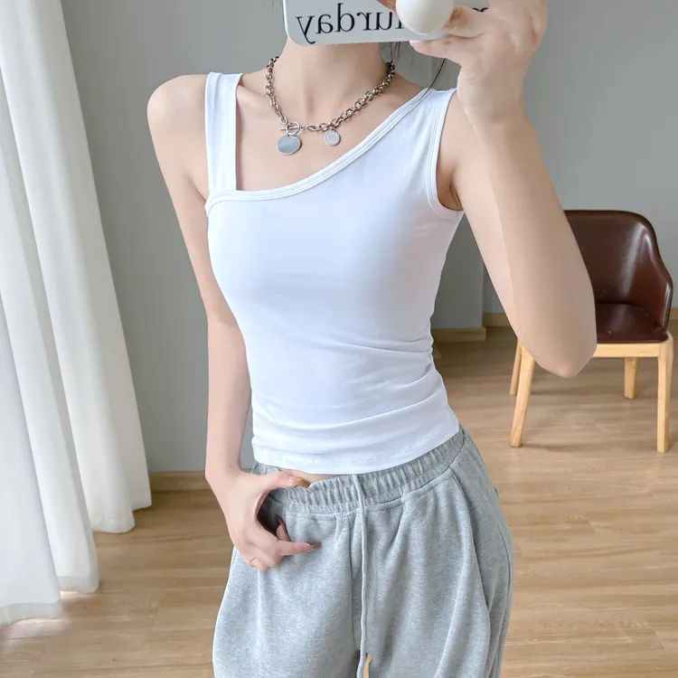 黑色斜肩吊带背心女内搭夏季外穿棉设计感小众性感美背网红上衣