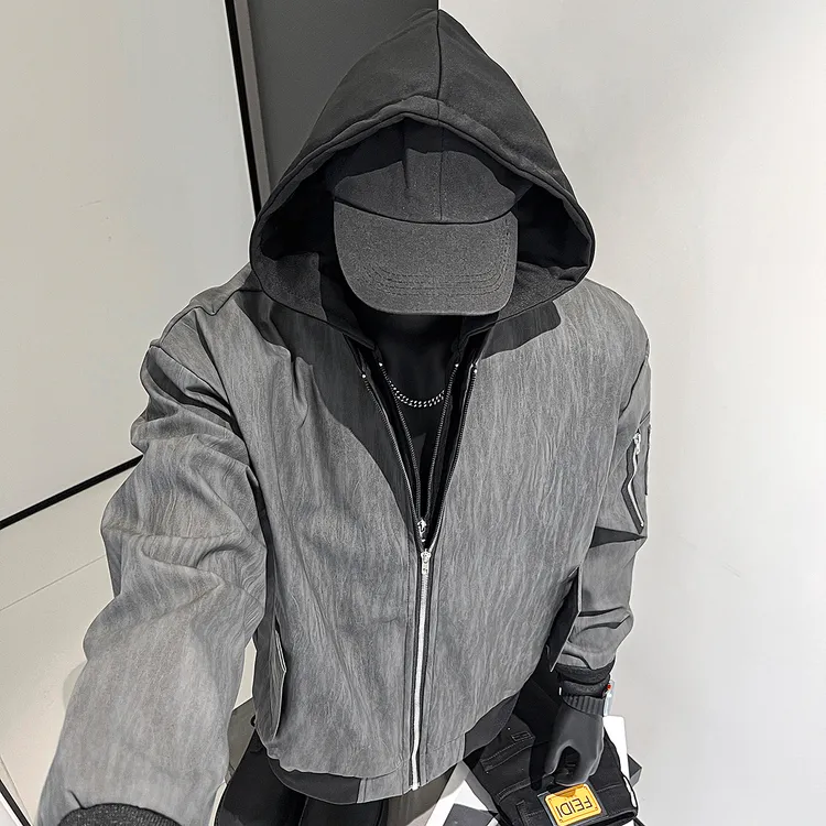 假两件复古痞帅做旧PU皮夹克男士春秋款高级感美式机车服皮衣外套