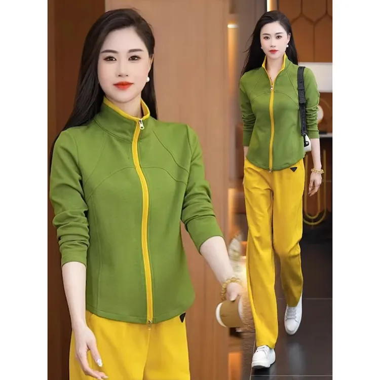 拉夏贝尔时尚休闲套装女2025春秋季新款立领开衫阔腿裤运动两件套