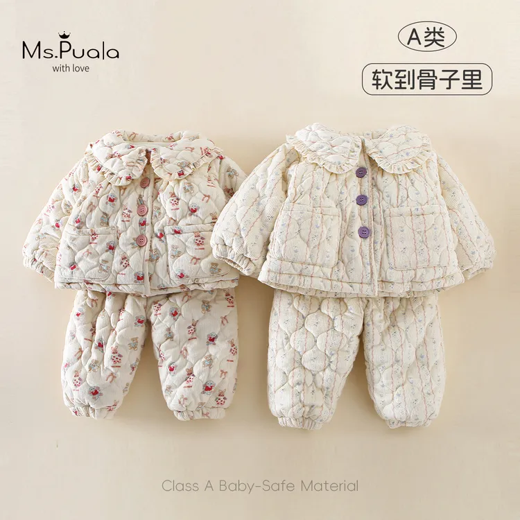 【Ms.Puala小火炉】婴幼儿女宝宝套装冬款翻领束脚加绒家居服两件套