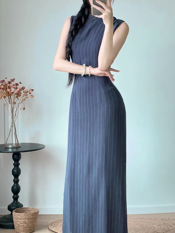 山茶私语 新中式棉麻港工旗袍条纹春夏改良旗袍无袖显瘦日常旗袍