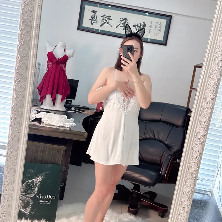 性感交叉露背深V诱惑蕾丝拼接缎面睡裙外袍女家居套装