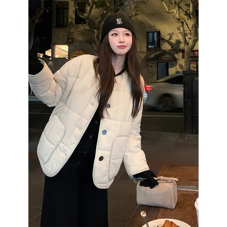 冬季时尚设计感简约杏色轻薄款棉服女2025新款宽松显瘦保暖外套潮