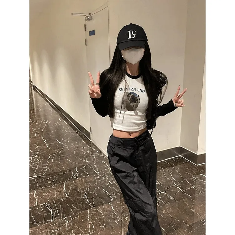 美式覆古插肩长袖T恤女春秋季内搭衣修身辣妹风短款正肩上衣休闲