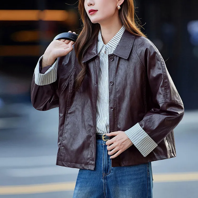 小个子皮衣咖色外套短款2025秋季宽松休闲气质复古皮衣女外套秋冬