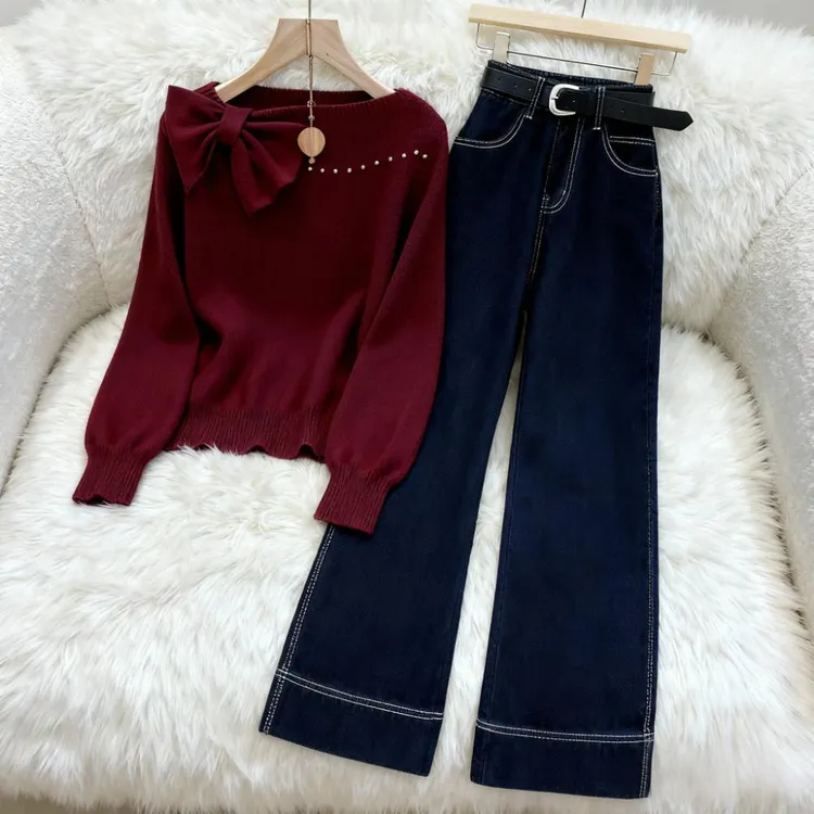 法式轻奢知性穿搭一整套冬季新款红色氛围感蝴蝶结针织衫直筒裤女