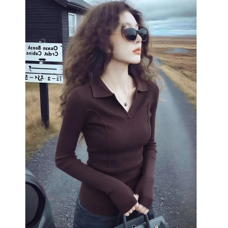 咖色polo领长袖针织打底衫女秋冬高级感毛衣韩系修身显瘦内搭上衣