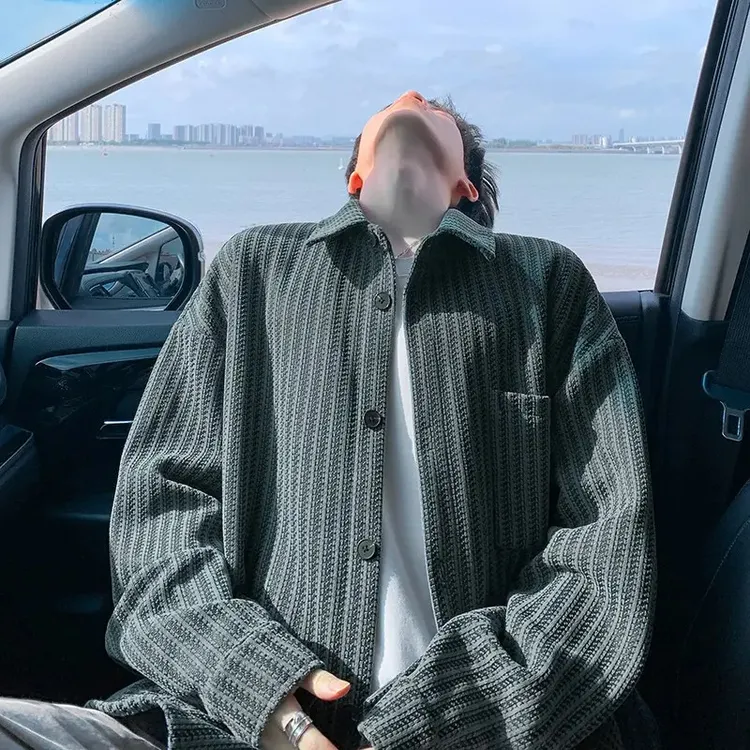 秋季鱼骨纹衬衫男秋季港风潮牌宽松长袖衬衣美式高街痞帅百搭夹克