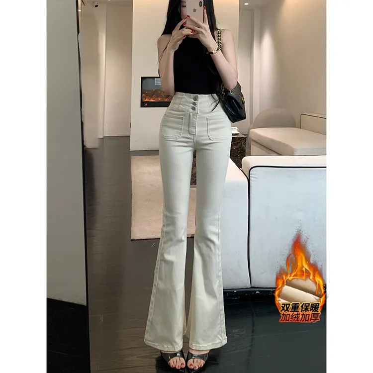 加绒弹力提臀排扣微喇牛仔裤女2025冬季新款高腰显瘦长腿气质长裤