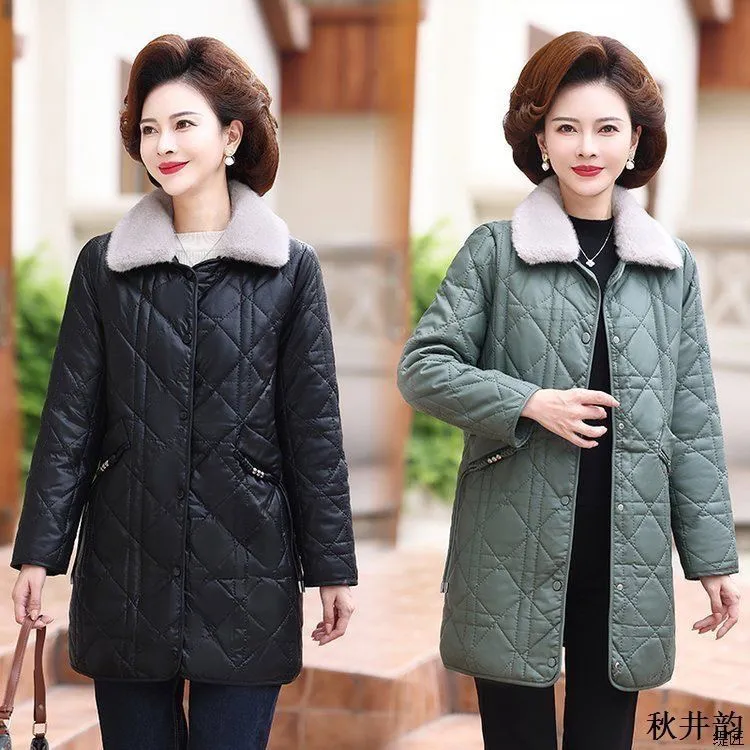 妈妈冬装棉衣洋气贵夫人加绒厚外套新款中年女秋冬PU皮中长款棉袄