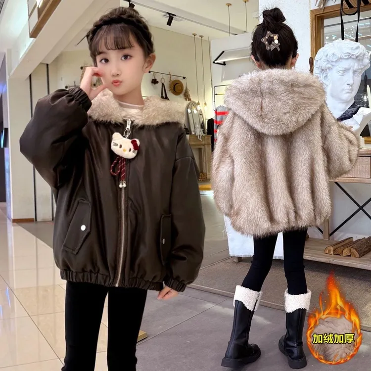 女童加厚皮毛外套2025新款秋冬装中大童双面穿连帽加绒派克服棉服