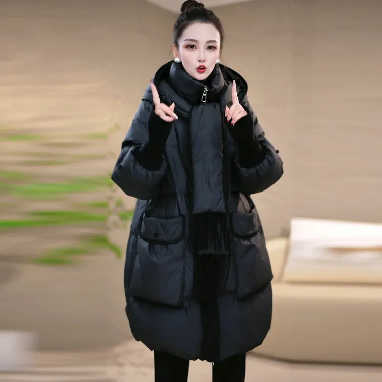 冬季新款优雅时尚百搭气质显瘦减龄带围巾白鸭绒羽绒服外套中长款