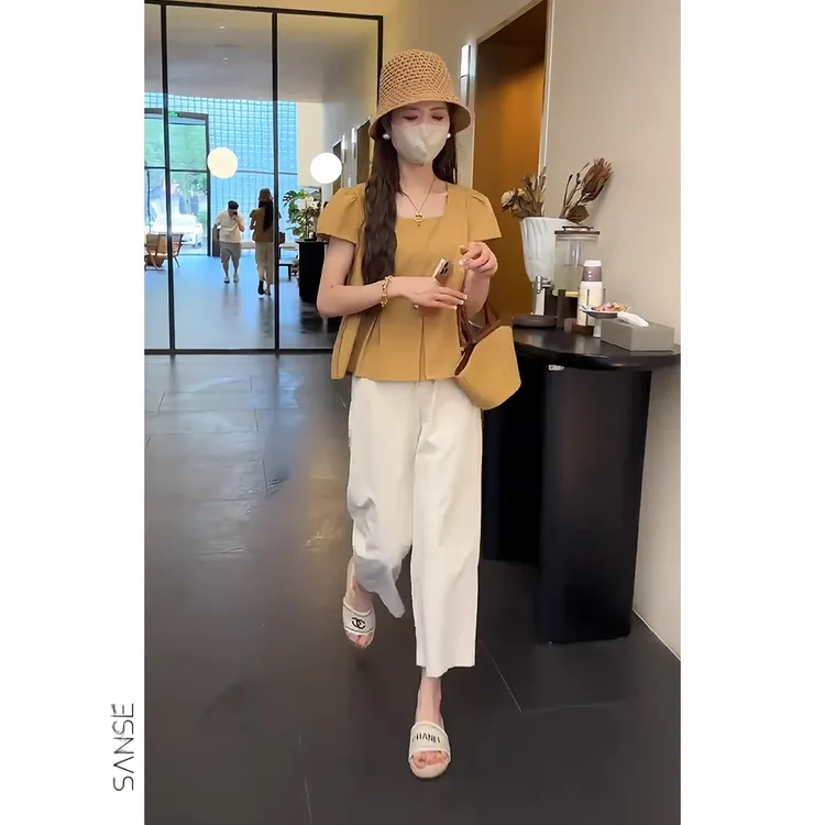 今年流行的夏装套装设计感显瘦短袖衬衫高腰休闲阔腿裤减龄两件套