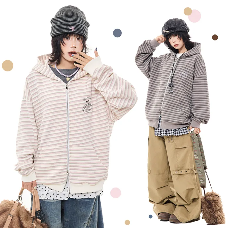 MIKYO 美式复古小熊撞色条纹连帽卫衣女秋季宽松休闲慵懒开衫外套