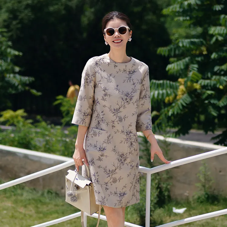 VESSI 金社长时光织锦复古提花优雅八分袖轻礼服/连衣裙
