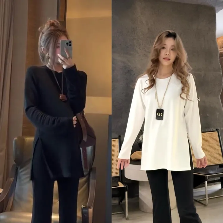 两侧开衩中长款长袖T恤女打底衫宽松显瘦百搭中长款叠穿德绒上衣