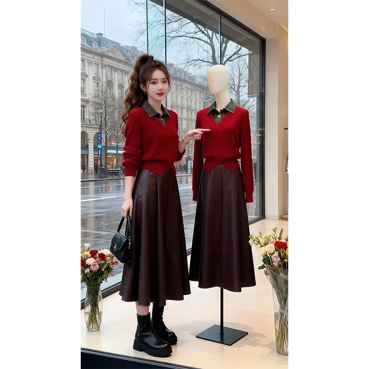 2025超火两件秋装女装牛仔拼接针织毛衣半身皮裙两件套一整套ootd