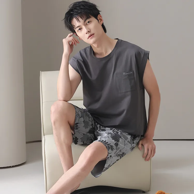 夏季睡衣男款纯棉无袖背心短裤夏天薄款男士青少年爽棉家居服套装