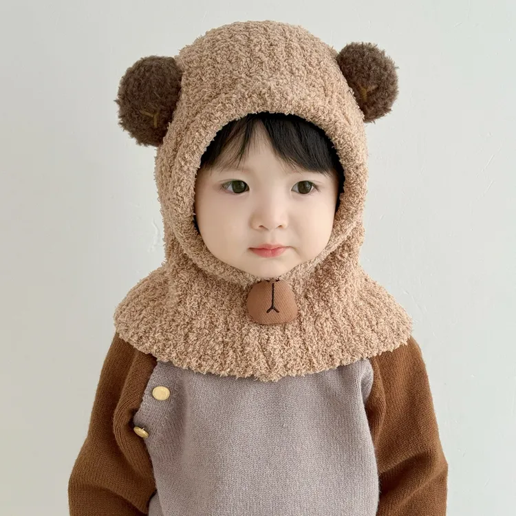 宝宝帽子围脖一体秋冬季防风保暖毛绒帽可爱男女童加厚套头护耳帽
