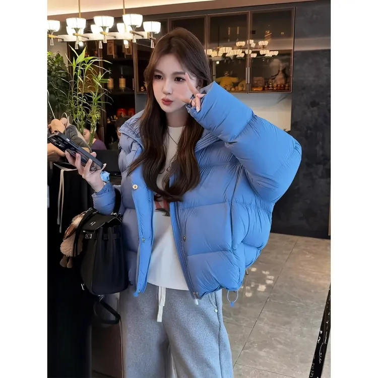 简约蓝色抽绳连帽棉服2025冬季新款连帽加厚保暖小个子面包服外套