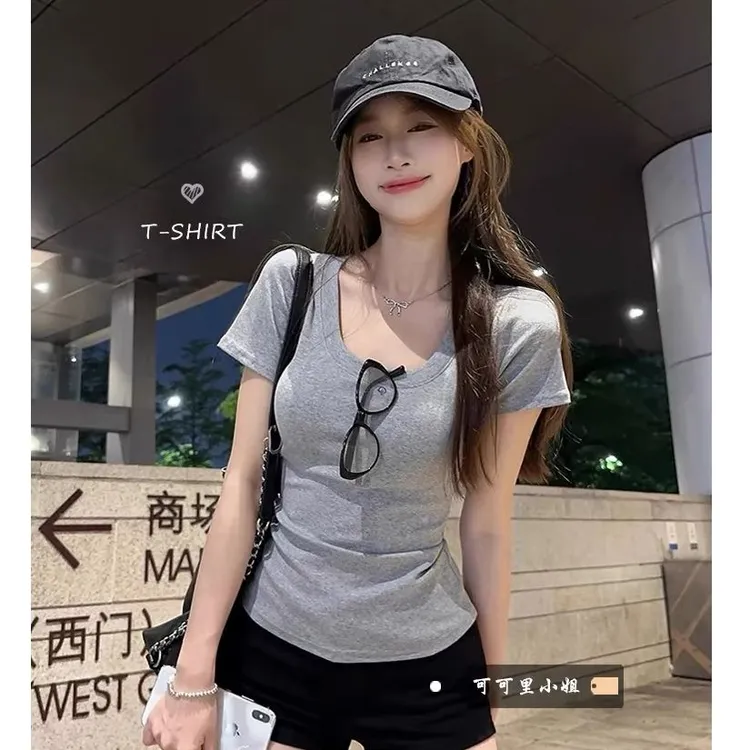 灰色短袖正肩T恤显瘦女装2025夏季甜辣妹修身纯色短款白色上衣