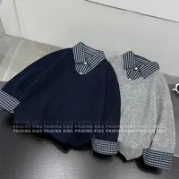 【西西】春秋装儿童韩版时尚格纹假两件休闲宽松套头圆领毛衣SJ6094