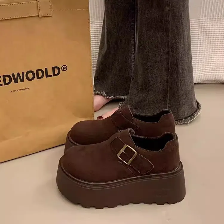 博肯鞋女2025新款秋冬季复古百搭加绒厚底增高乐福棉鞋小个子松糕