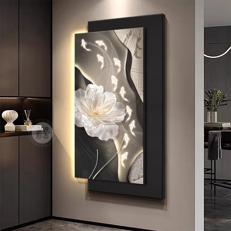 石来运转玄关装饰画花卉入户正对门挂画led带灯轻奢走廊过道壁画