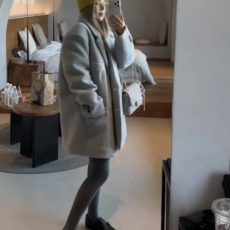 设计师款加厚夹棉西装外套中长款阔版西服羊绒大衣