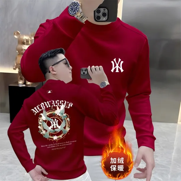 【秋冬专属】无帽圆领卫衣新款重磅长袖男款加绒加厚内搭上衣打底衫