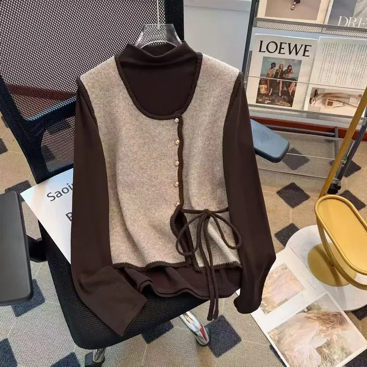 【晨晨家】复古撞色针织开衫女秋冬时尚气质马甲背心设计感小众系带