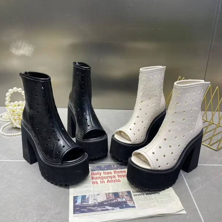 时尚10cm超高跟马丁靴女粗跟夏季薄款透气镂空短靴罗马鱼嘴凉靴子