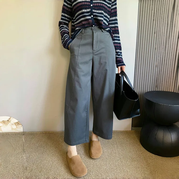 韩系咖色弯刀休闲裤女2025秋季新款高腰宽松显瘦小个子九分阔腿裤