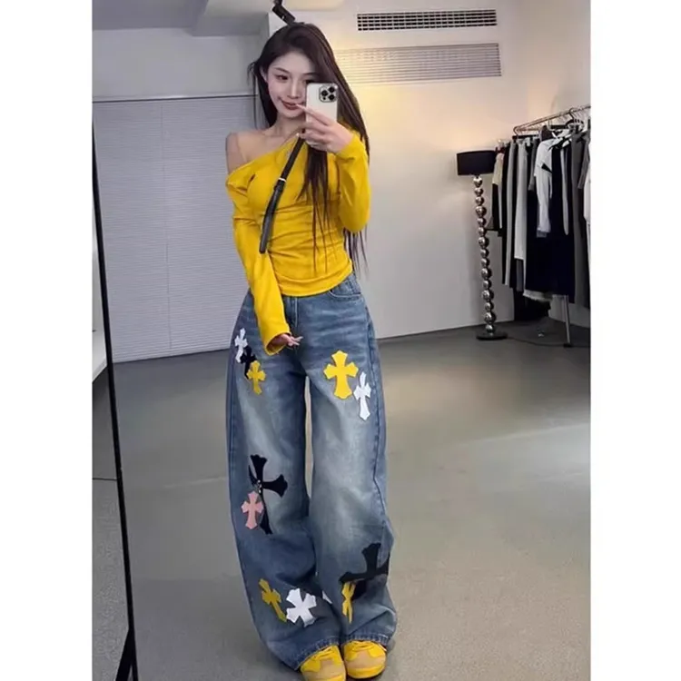 300斤大码重工十字架贴皮刺绣直筒牛仔裤女夏季新款阔腿长裤子潮