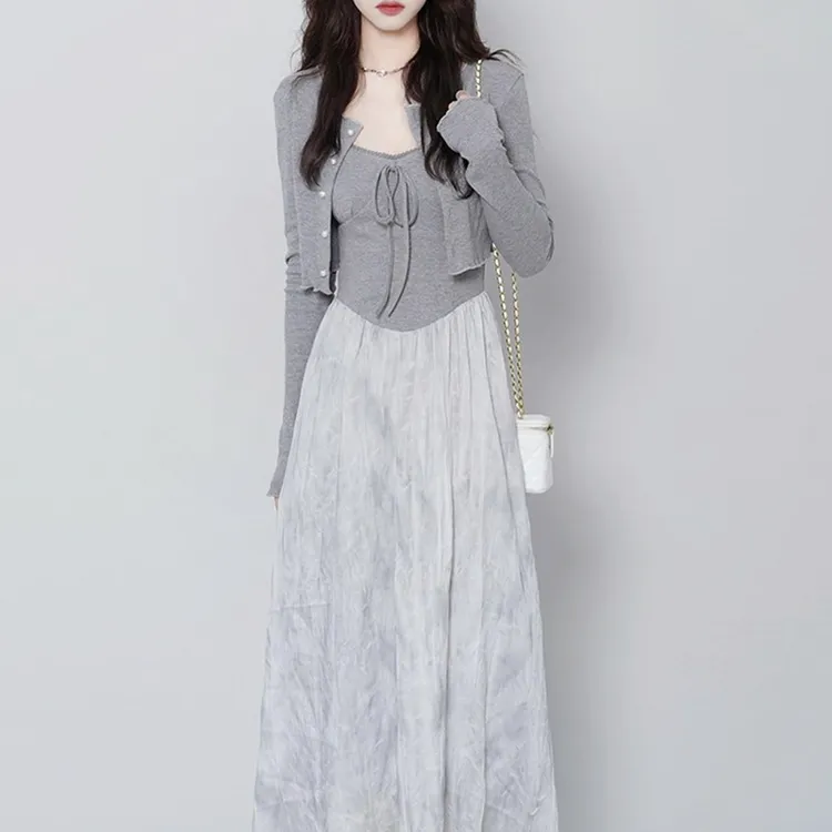 法芬图2026秋季拼接吊带连衣裙两件套甜美法式气质收腰显瘦长裙子