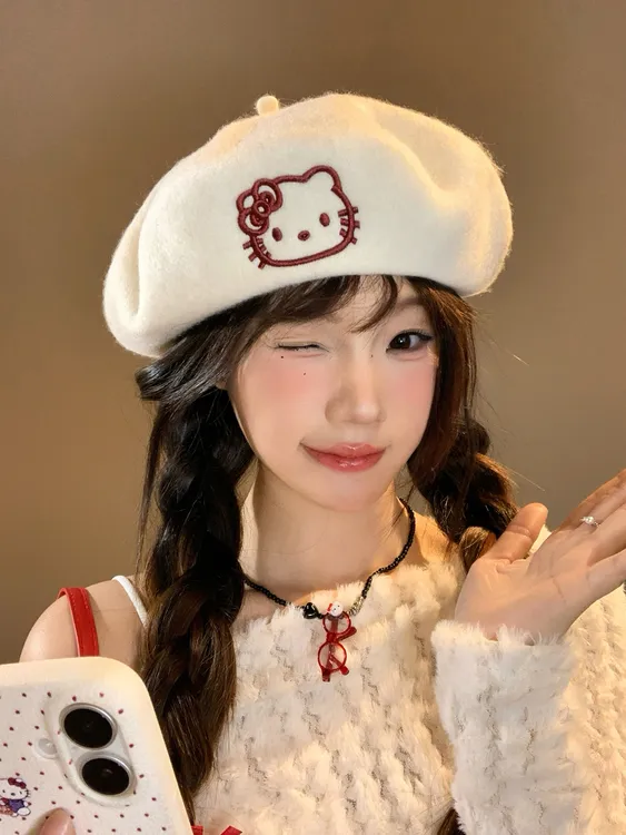 卡通kitty猫贝雷帽日系可爱凯蒂猫刺绣帽子羊毛呢显脸小画家帽子