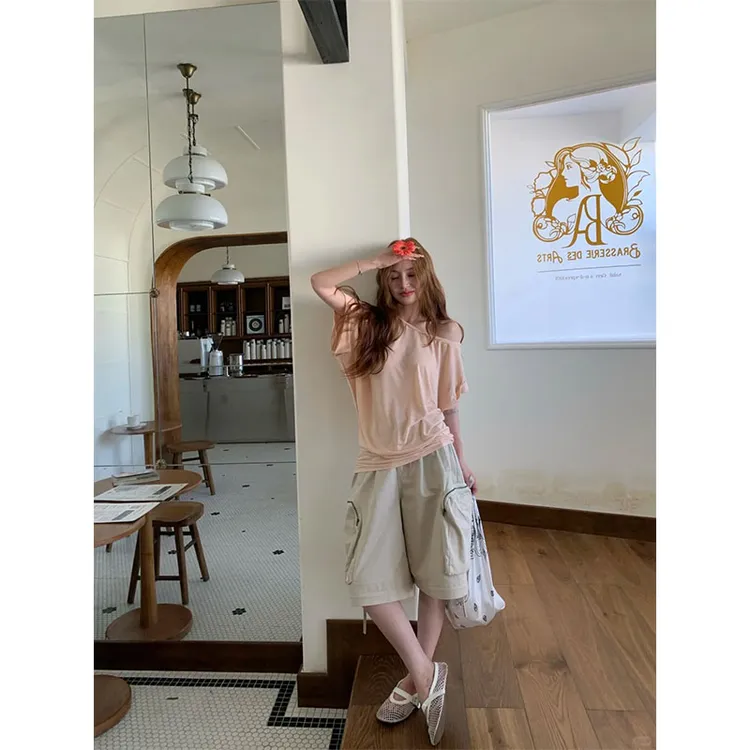 美式纯欲夏季2025高级感露肩休闲百搭短袖上衣高腰工装宽松短裤女