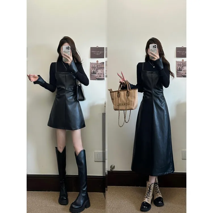 大码女士秋季短款长款A字裙高级感优雅御姐风黑色pu皮收腰圆领背