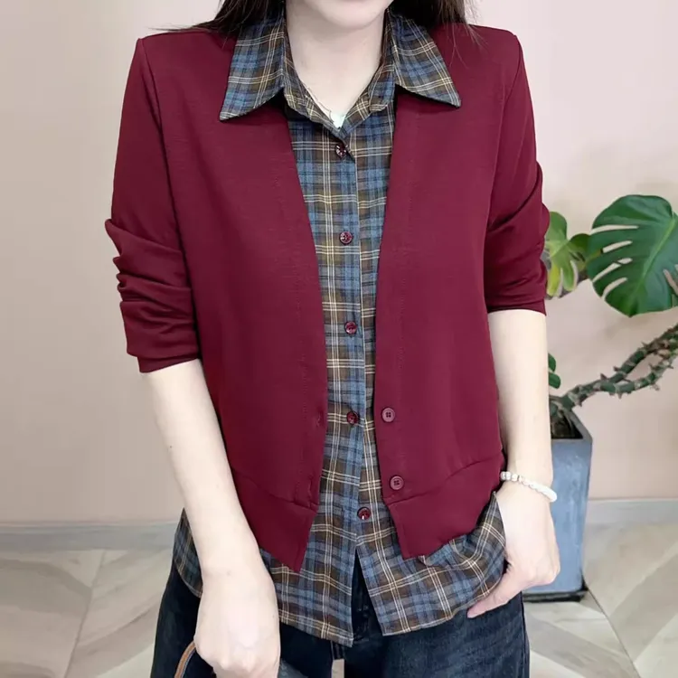 翻领格子假两件衬衫上衣女秋季新款休闲时尚百搭宽松洋气长袖衬衣