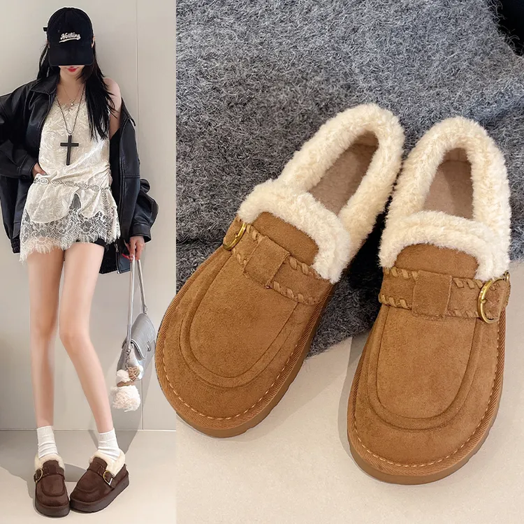厚底休闲乐福鞋加绒时尚豆豆鞋女冬加厚保暖一脚蹬防滑复古勃肯鞋